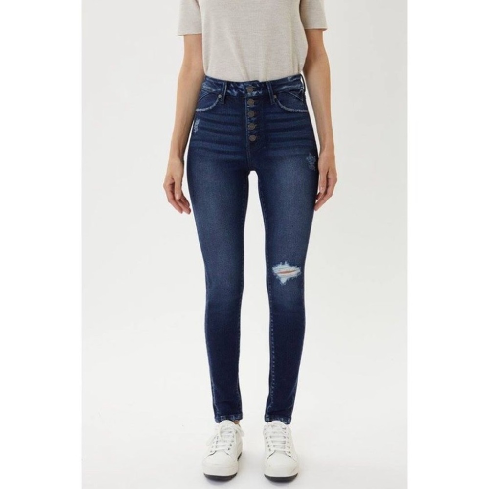 High rise button fly jean